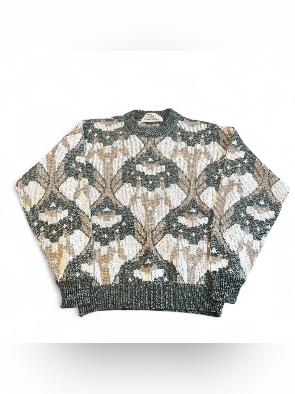 Vintage 90s Arnold Palmer Y2K Golf Sweater Knit Green Tan Cream Argyle